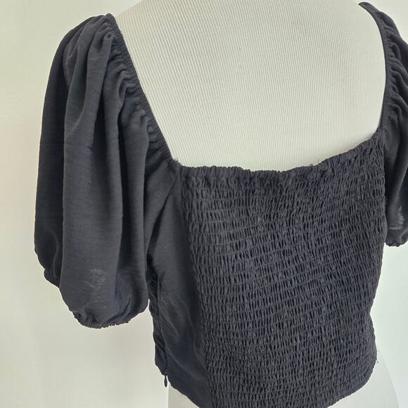 Forever 21 Whimsy Goth Cropped Top Puff Sleeves Black Smocked Lolita Women Large - Picture 6 of 8